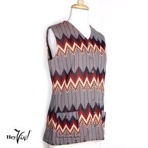 Vintage Leslie Fay Knit Top Zigzag Chevron Sleeveless Button Front Sz L -Hey Viv